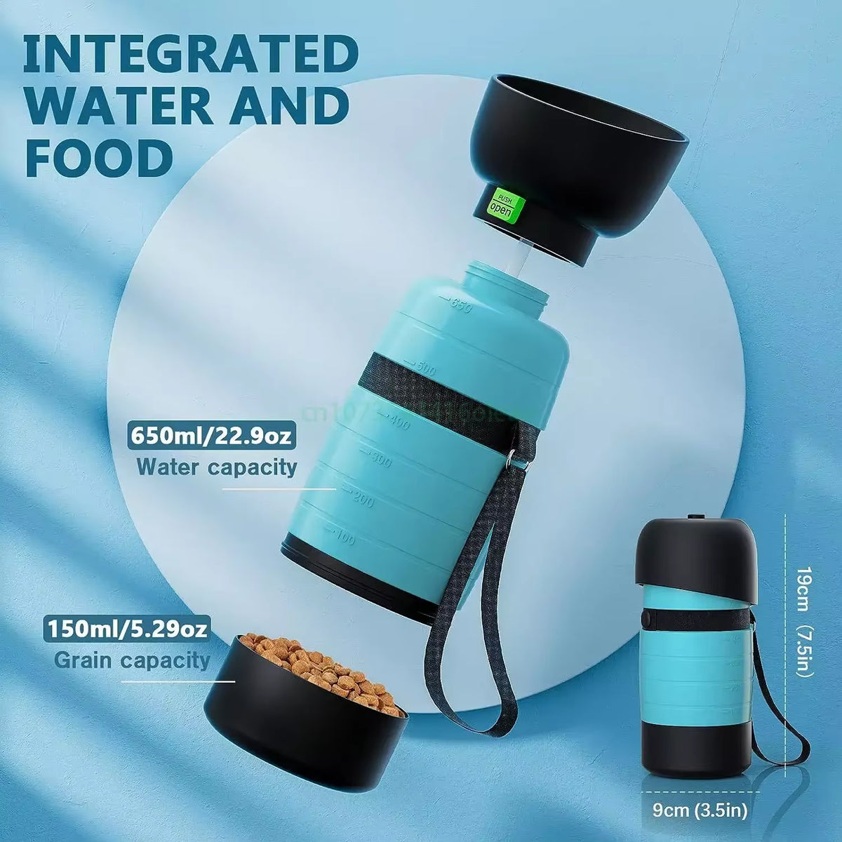 Portable dog water bottle with built-in food container and foldable bowl