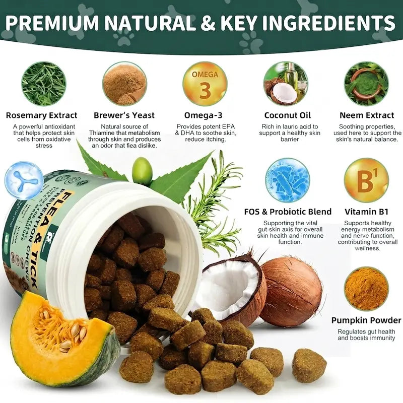 150 Count Petrivium Natural Flea & Tick Support Soft Chews for Dogs - Chicken Flavor Vitamin Supplement with Rosemary for All Breeds and Sizes