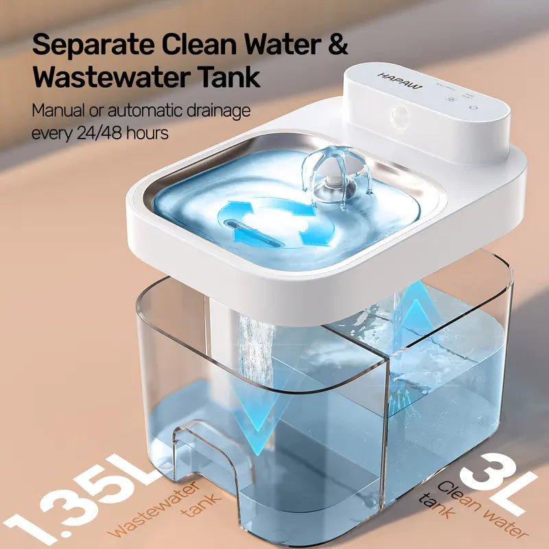 Smart filter-free cat water fountain with separate clean and waste tanks
