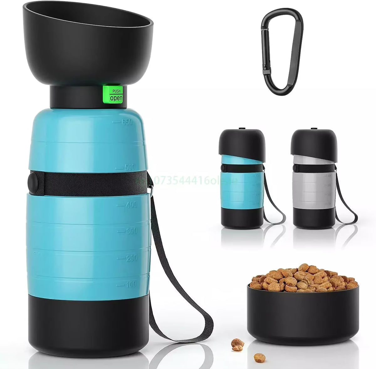 Portable dog water bottle with built-in food container and foldable bowl