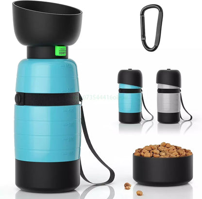 Portable dog water bottle with built-in food container and foldable bowl