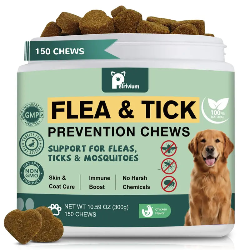 150 Count Petrivium Natural Flea & Tick Support Soft Chews for Dogs - Chicken Flavor Vitamin Supplement with Rosemary for All Breeds and Sizes