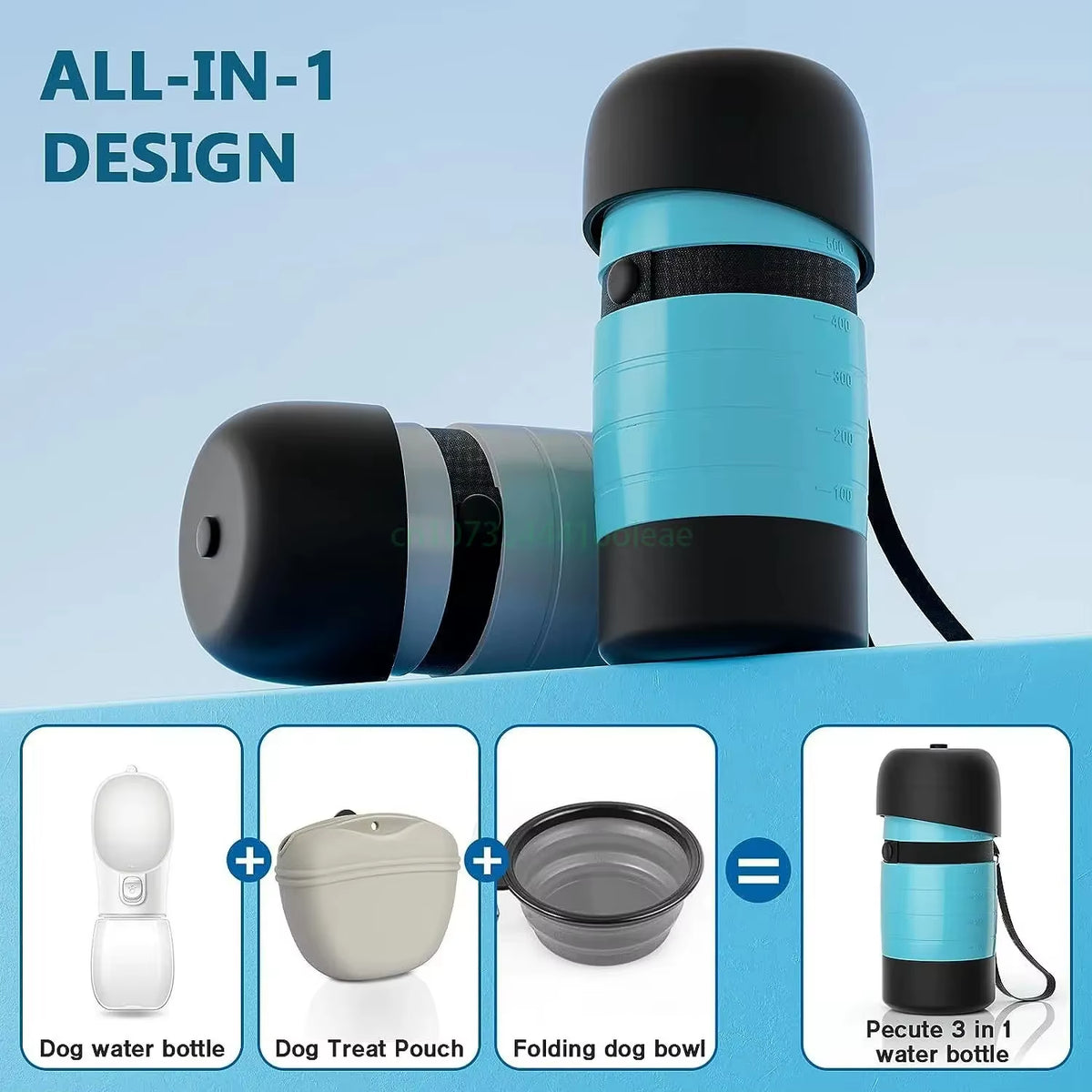 Portable dog water bottle with built-in food container and foldable bowl