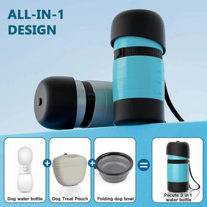 Portable dog water bottle with built-in food container and foldable bowl