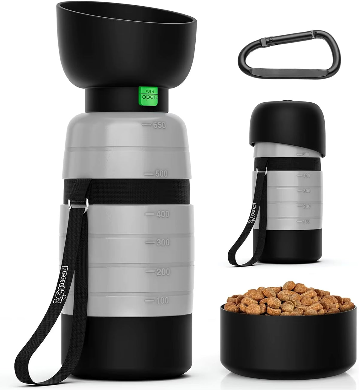 Portable dog water bottle with built-in food container and foldable bowl