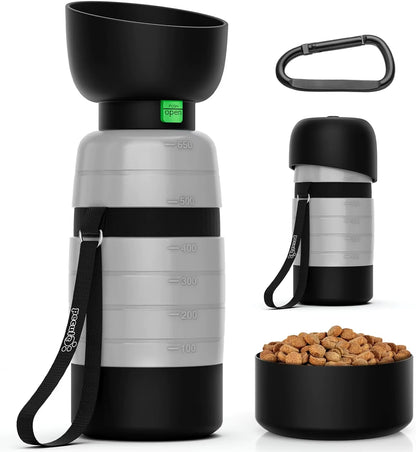 Portable dog water bottle with built-in food container and foldable bowl