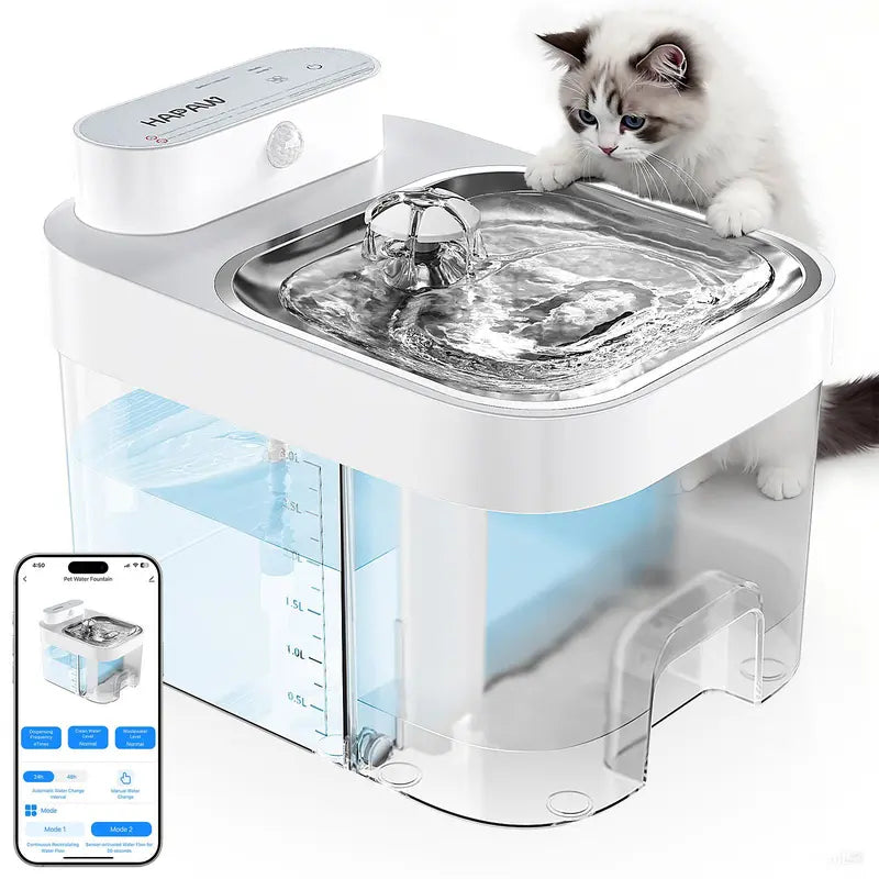 Smart filter-free cat water fountain with separate clean and waste tanks