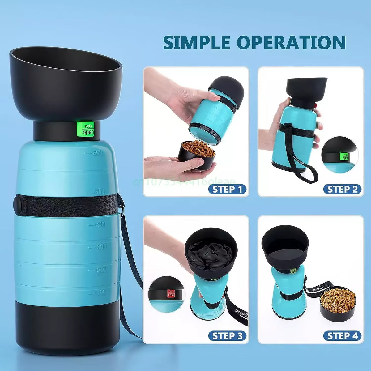 Portable dog water bottle with built-in food container and foldable bowl