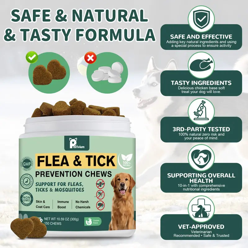150 Count Petrivium Natural Flea & Tick Support Soft Chews for Dogs - Chicken Flavor Vitamin Supplement with Rosemary for All Breeds and Sizes