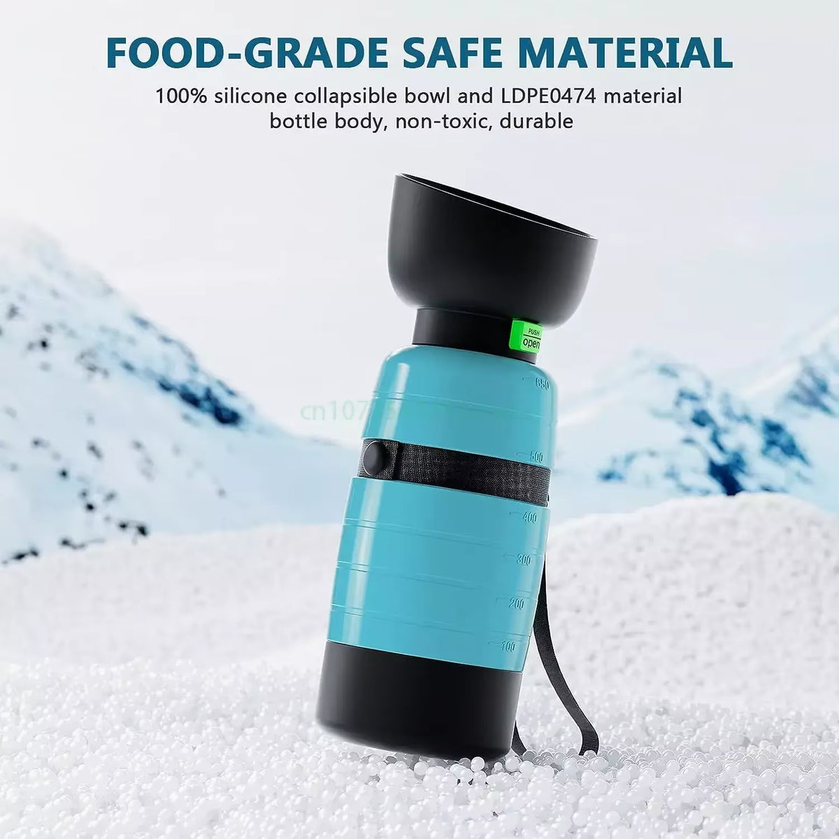 Portable dog water bottle with built-in food container and foldable bowl